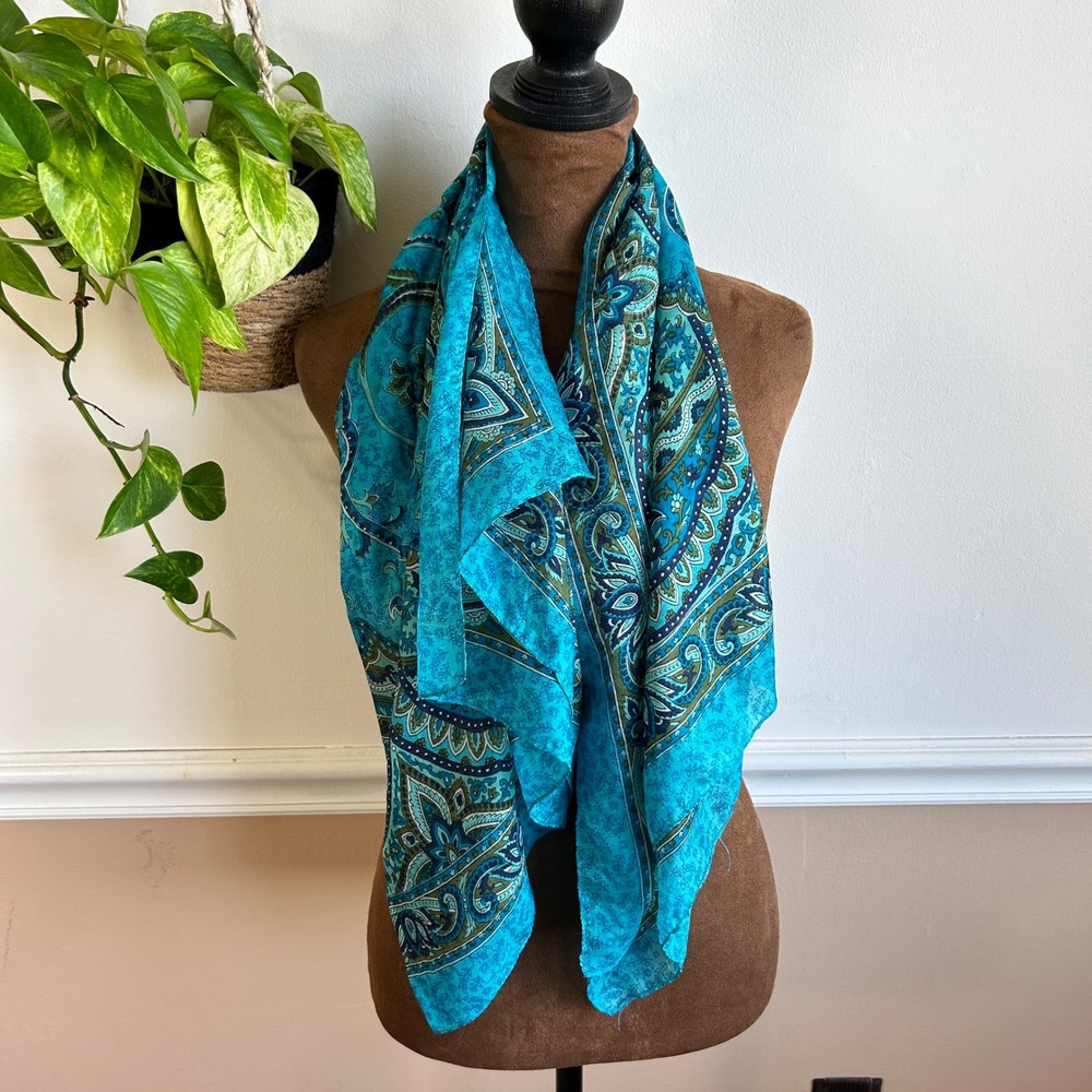 100% Pure Silk Paisley Scarf Turquoise Blue Green Made in India Floral Large